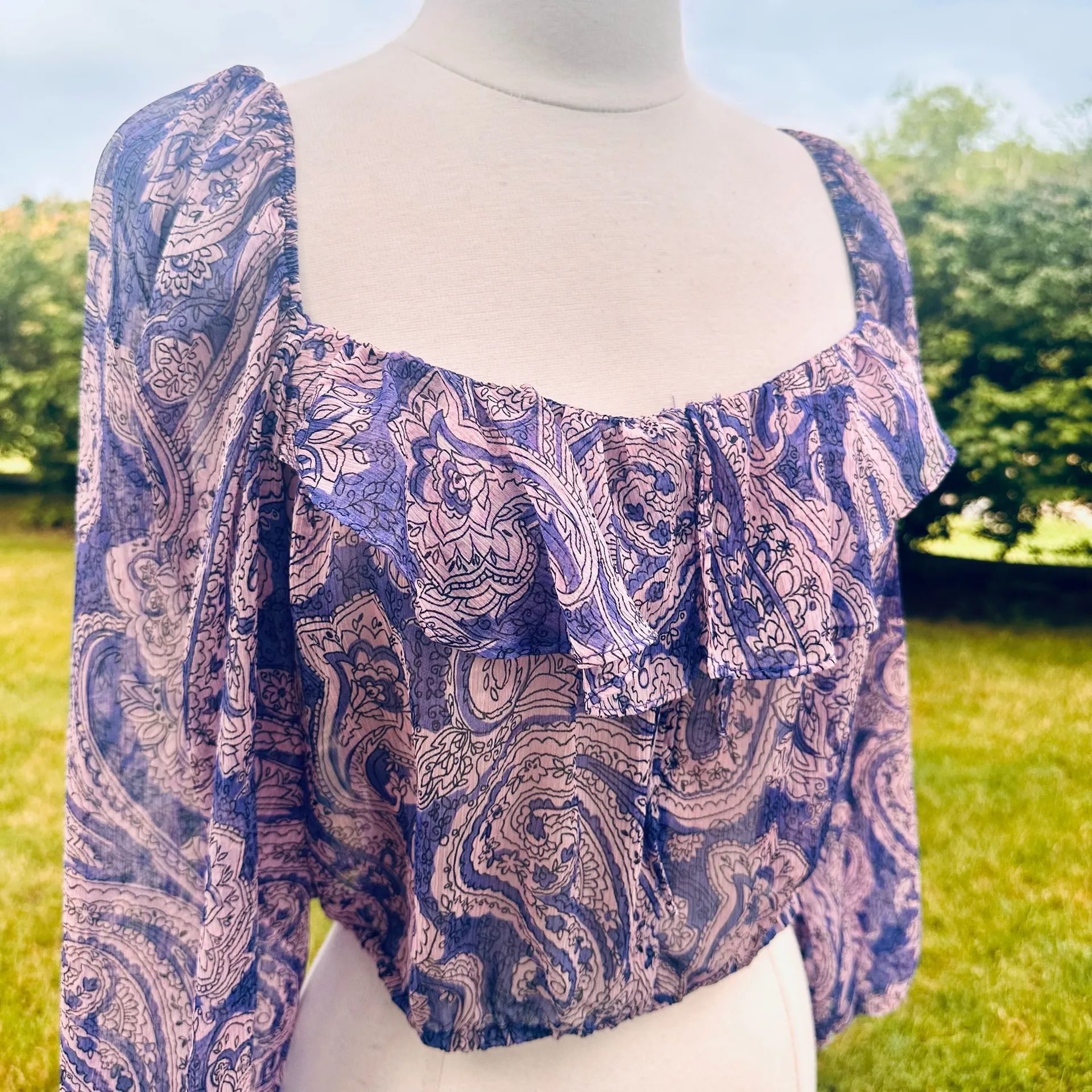 ZARA Purple Cropped Sheer Blouse Top Boho Indie Floral Mauve Ruffle - Image 4