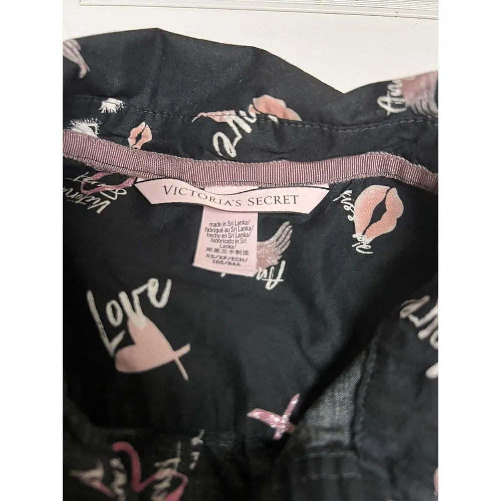 AOL)‎ Victoria Secret Logo Pj Top XS Button Pajama Size XS Black Cotton Nice - Image 4
