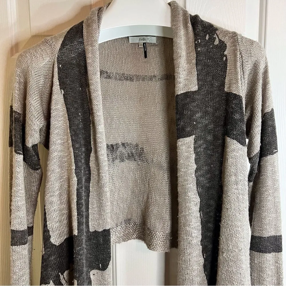 Fate Cream and Gray Boho Long Cardigan Wrap Art Deco Wool Blend Size Med - Image 2