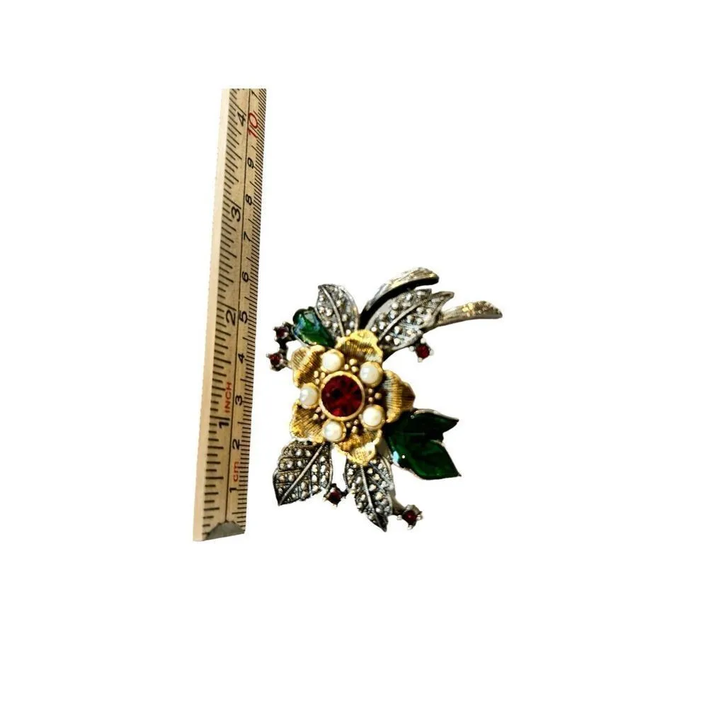 Vintage Avon Gold & Silver Tone Brooch RICH CHRISTMAS COLLECTION w/ Faux Pearls Red - Image 7