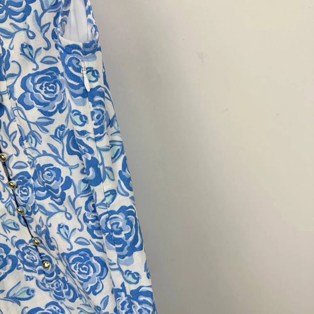Sail To Sable Linen Blend Midi Dress Rose Floral Blue Resort Cottage XXS NWT - Image 15