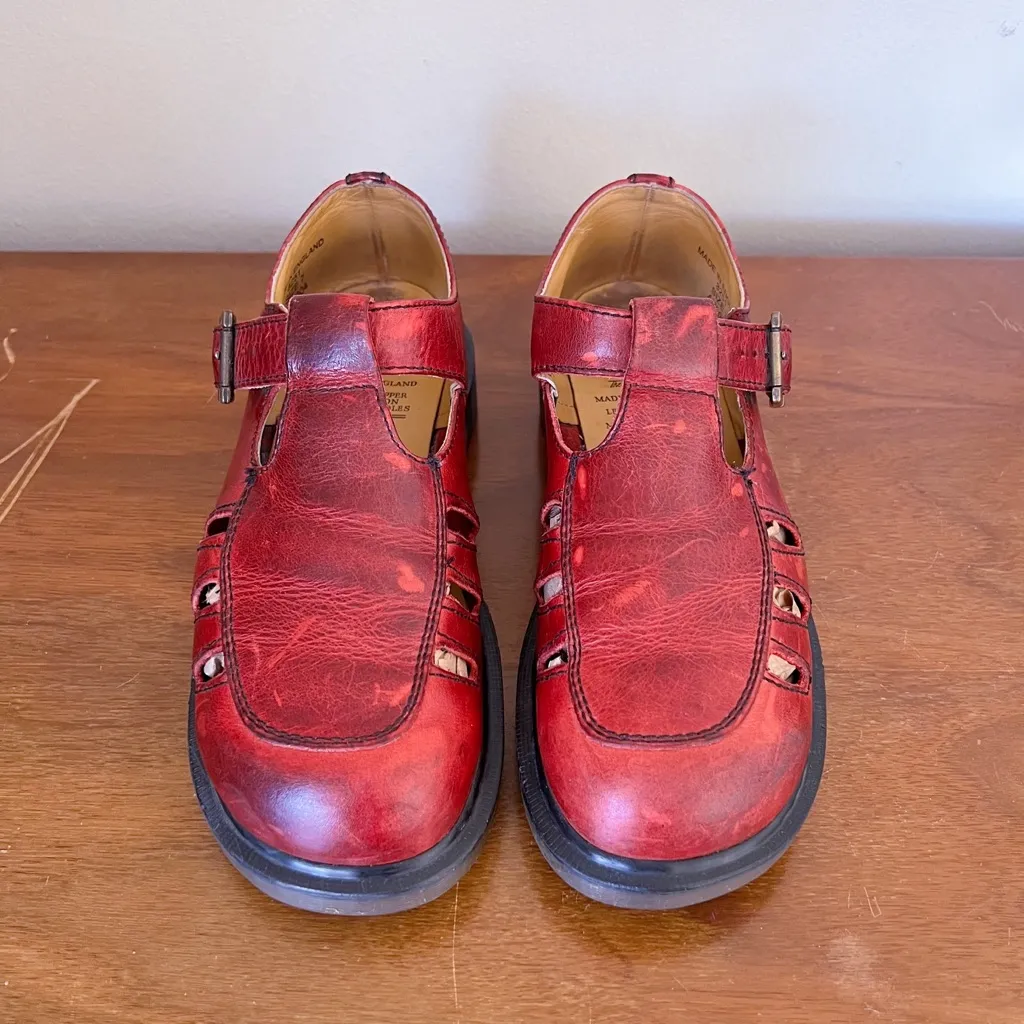 Dr Martens • vintage 8251 t-strap mary janes cutout sandals red leather England - Image 3