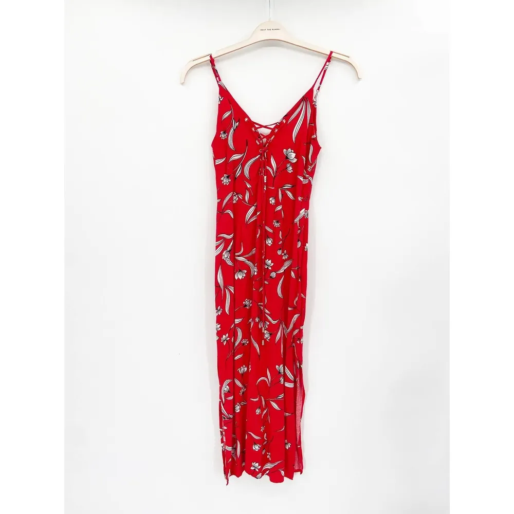 Bardot Amelia Red Floral Print Lace Up V-Neck Sleeveless Midi Dress Size 4 - Image 2