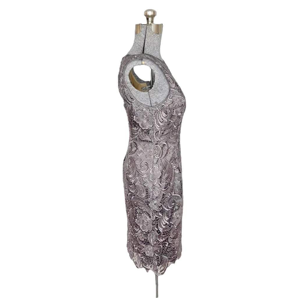 Adrianna Papell Gray Illusion Lace Overlay Boat Neck Sheath Dress - Image 4