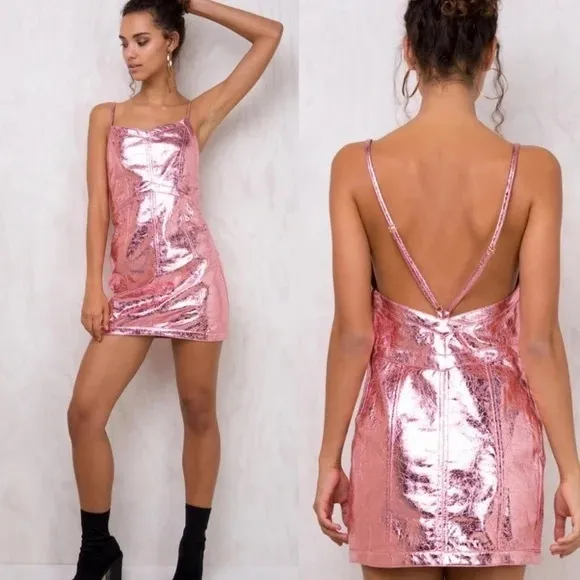 NWT For Love and Lemons Luna Pink Metallic Mini Dress Size Medium - Image 2
