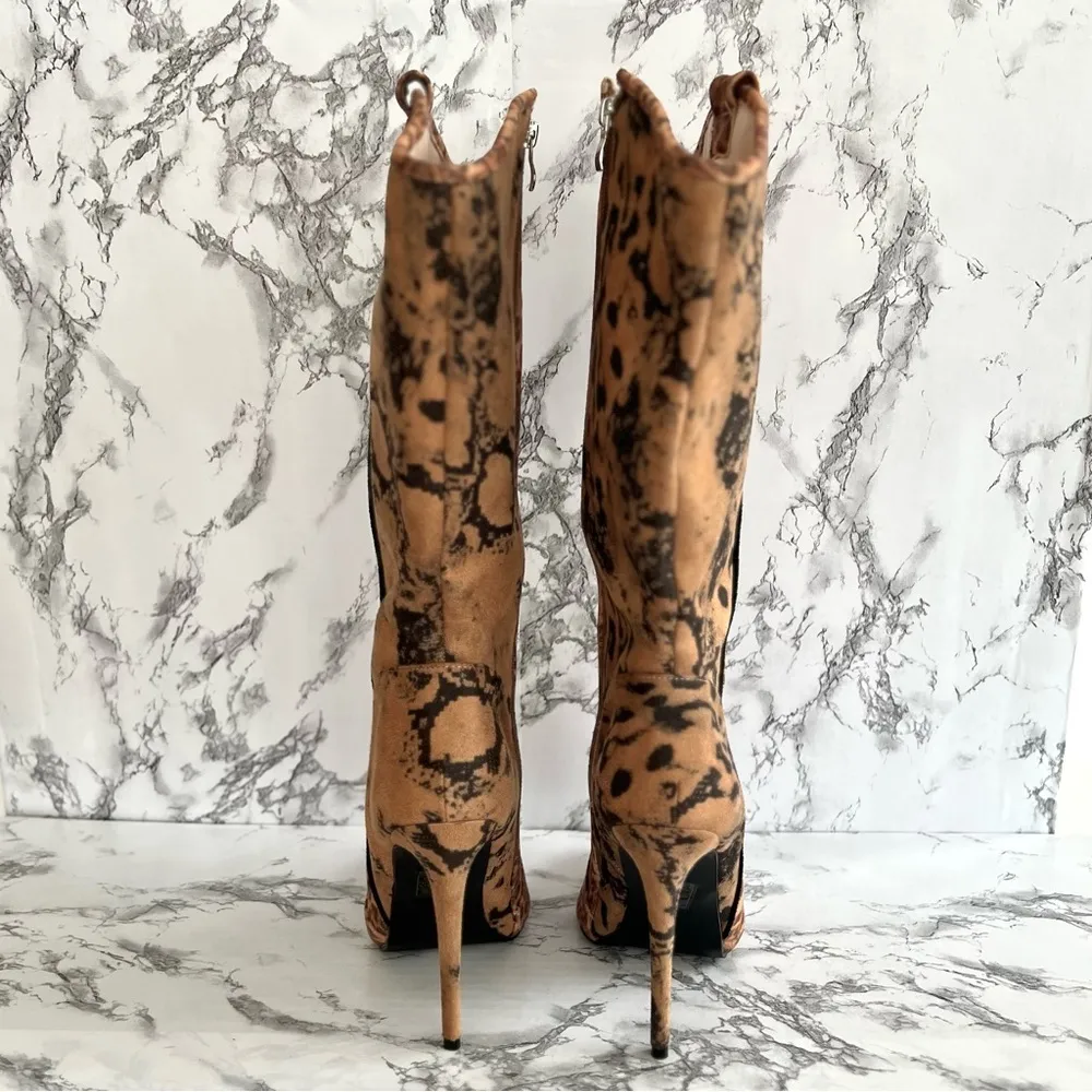 Prettylittlething Boots Animal Contrast Print Faux Suede Knee High 7 Edgy Chic - Image 11