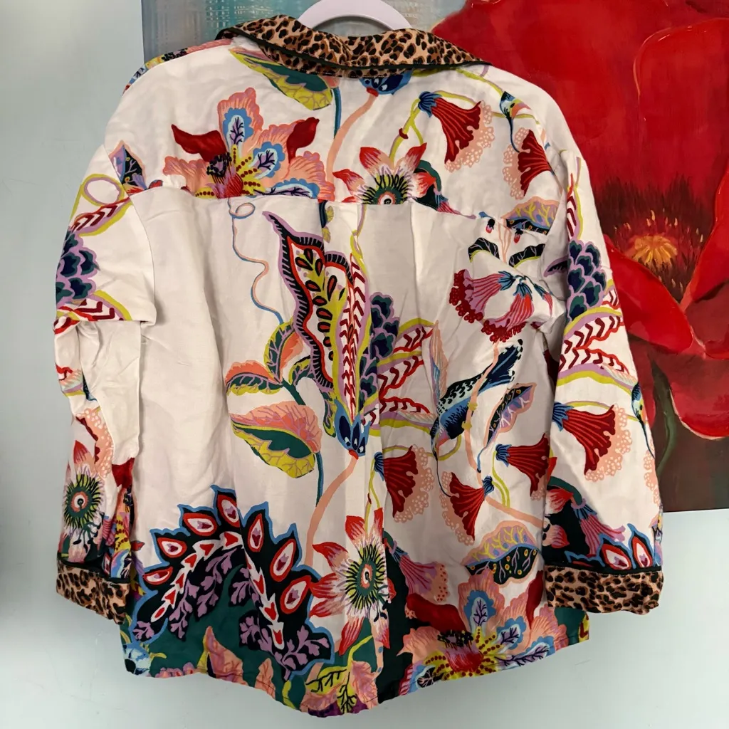Anthropologie Sarah Gordon Floral Flannel Buttondown Pajama PJ Top Shirt S - Image 4
