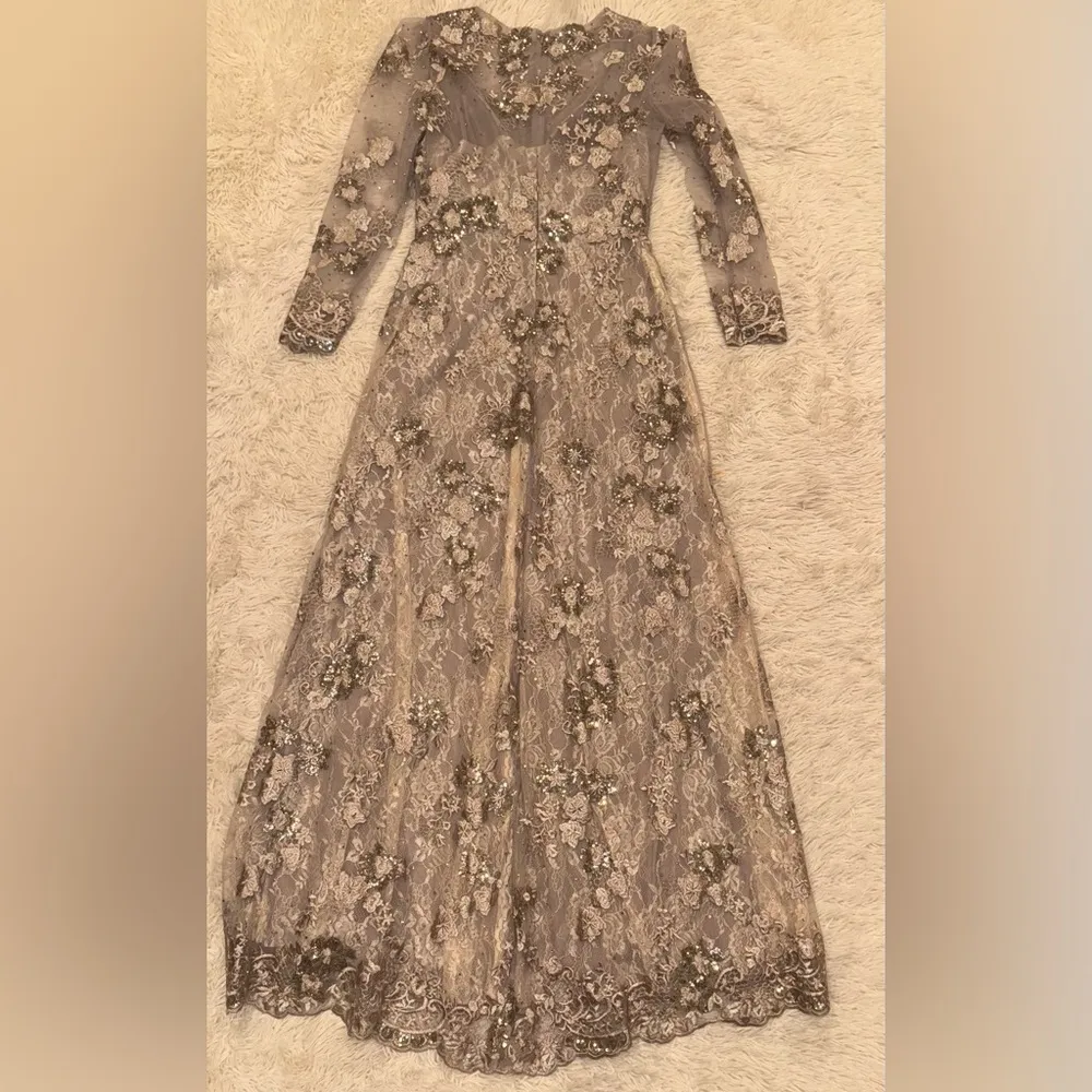 NEW MAC DUGGAL Beige Floral Embroidered Illusion Long Sleeve Evening Gown Sz 8 - Image 6