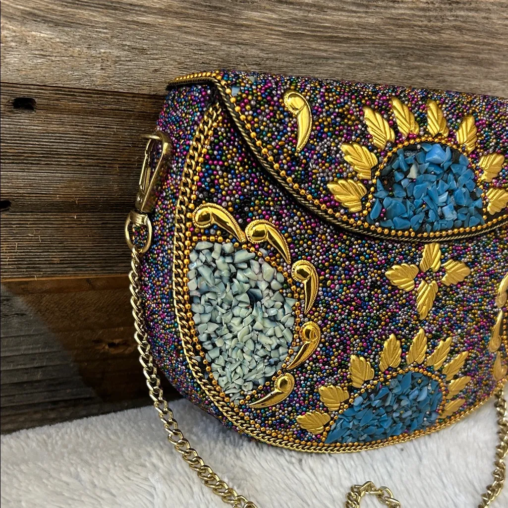 Ramla Handmade Multicolor Beaded Mosaic Clutch Bag With Gold Chain Brand New Blue - Image 7