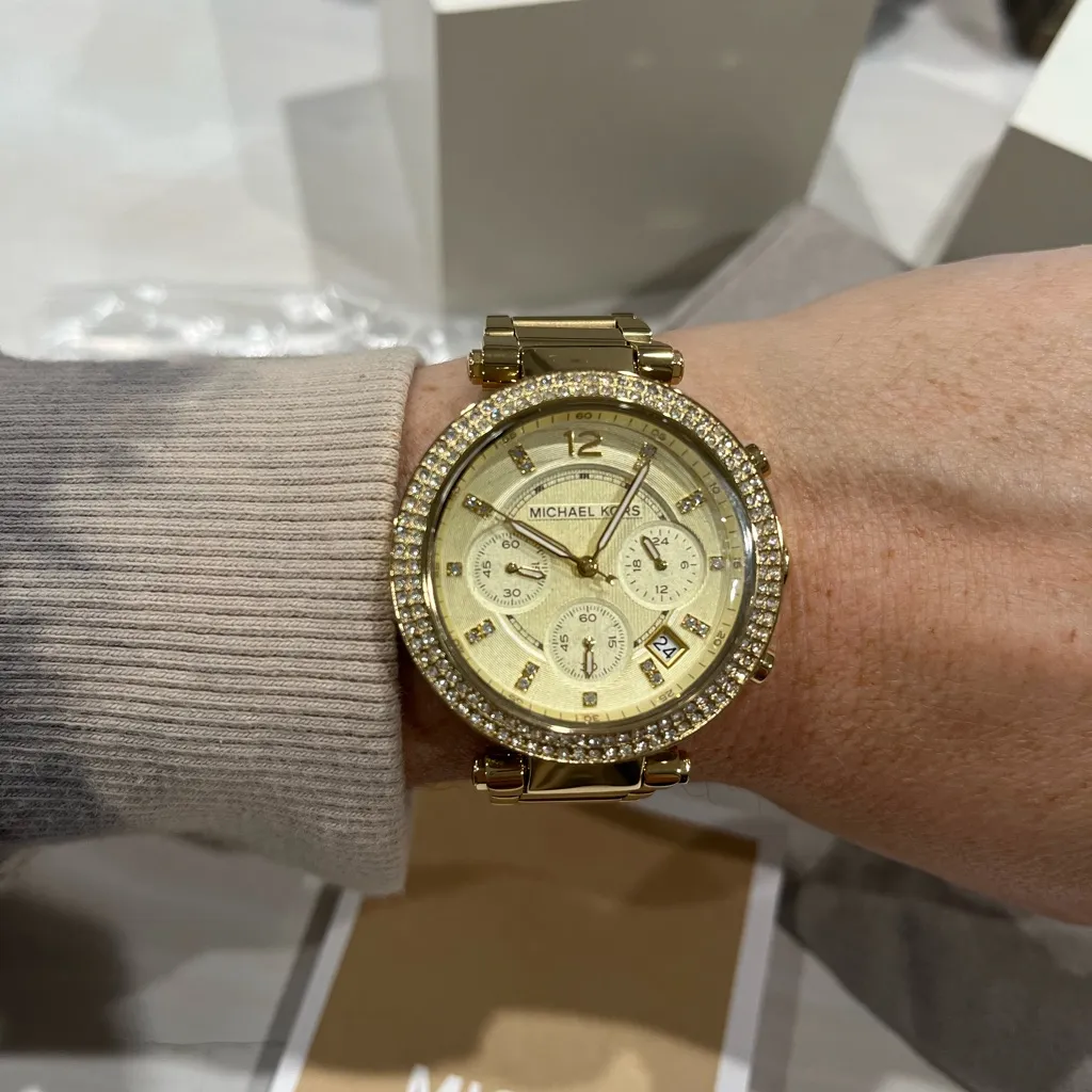 Michael Kors jeweled gold colored watch with‎ box, bag, pillow needs batteries - Image 9