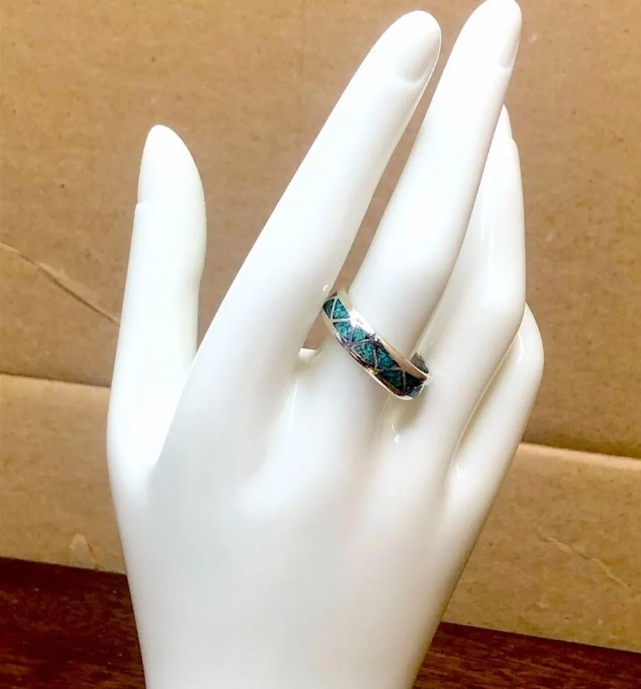 Crushed Turquoise Mosaic Inlay Sterling Silver Southwestern Ring Size 11 - Image 7
