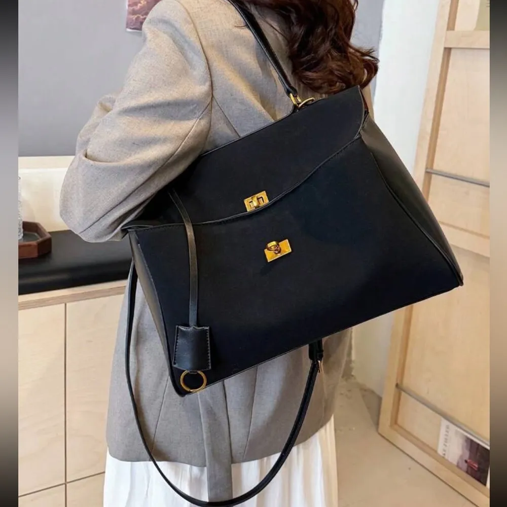 Black faux suede & faux leather contrast tote shoulder bag / handbag purse - Image 7