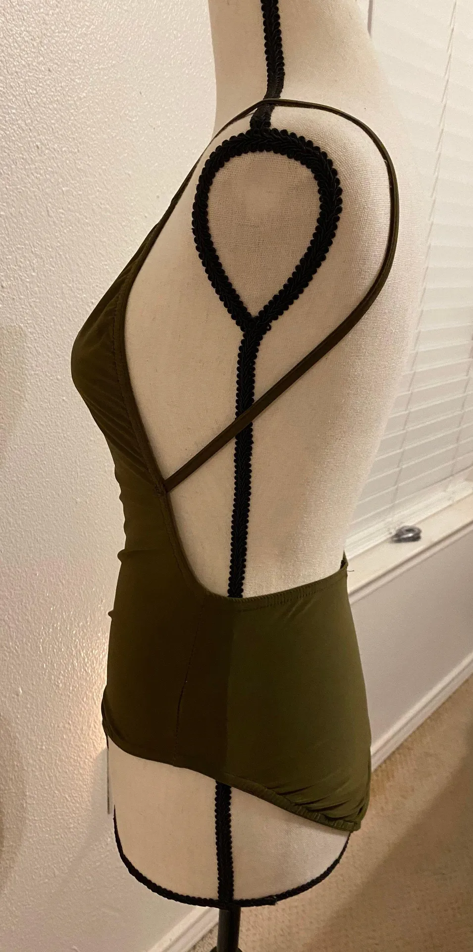 Silk Olive Green Open Back Spaghetti Strap Summer Bodysuit Size 4 - Image 4