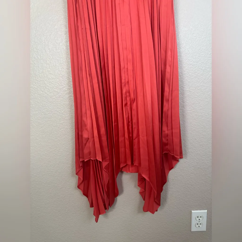 Express Satin Pleated Tie Halter Sweetheart Asymmetrical Midi Dress Coral Small - Image 10