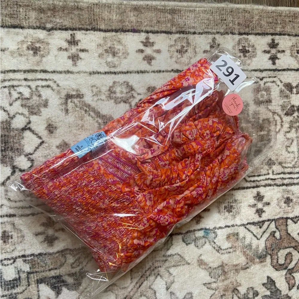 Cece Vibrant Orange Pink Floral Blouse Smocked Peplum Puff Sleeve Small - Image 10