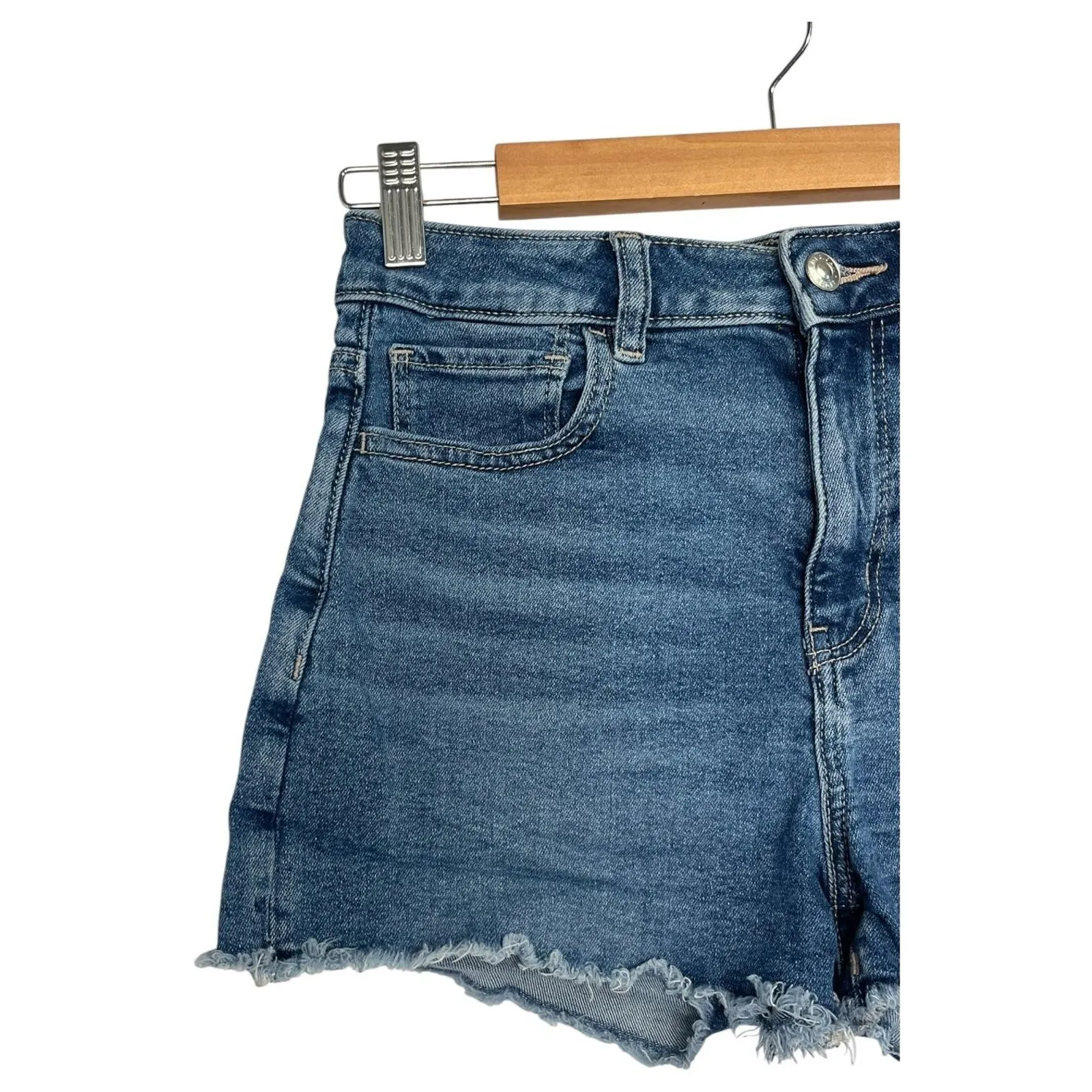 American Eagle Shorts Womens 4 Blue Denim Mom Short High Rise Frayed Hem Stretch - Image 7