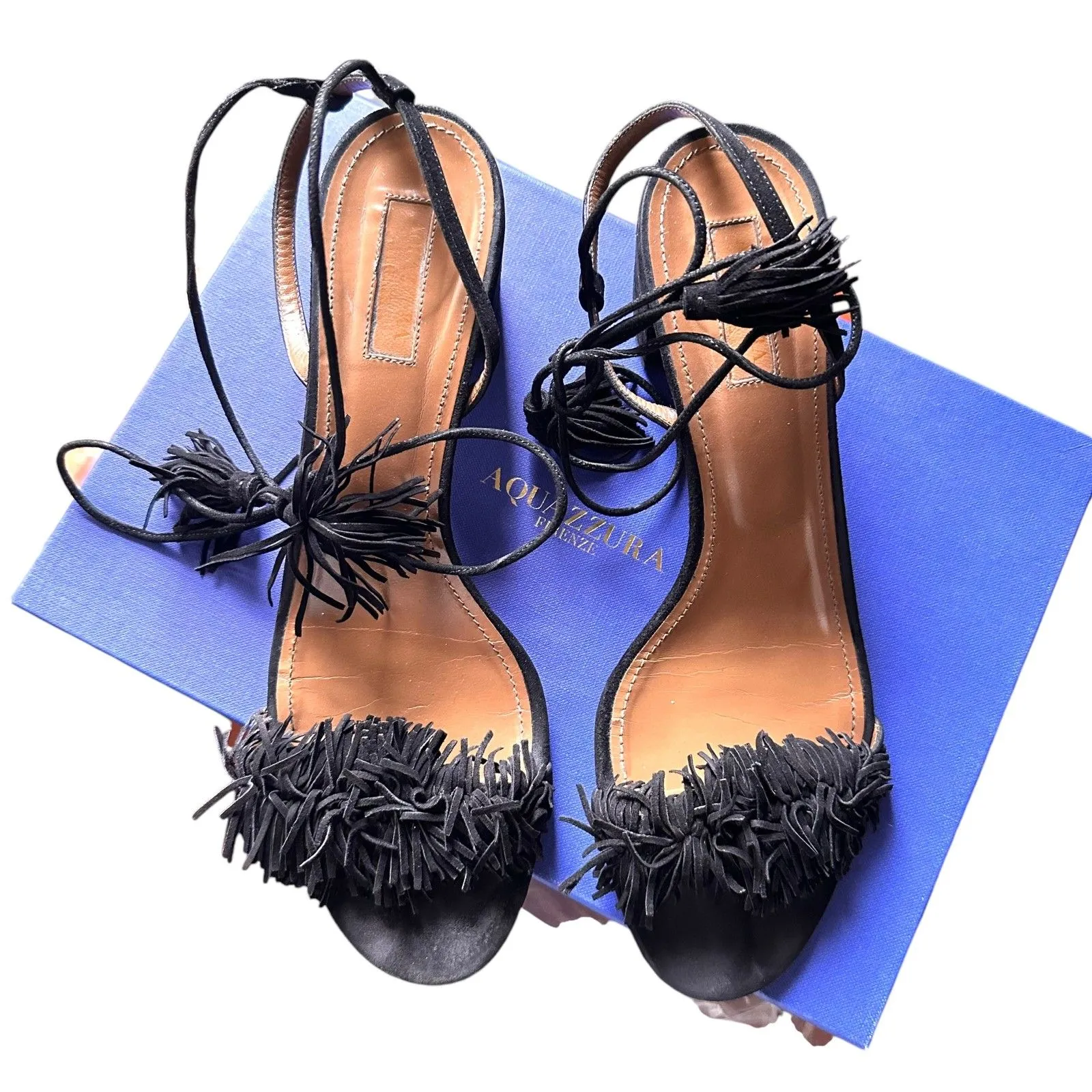 AQUAZZURA Wild Thing‎ 50 Suede Ankle Wrap Sandals w BOX Sz 41 Black - Image 6