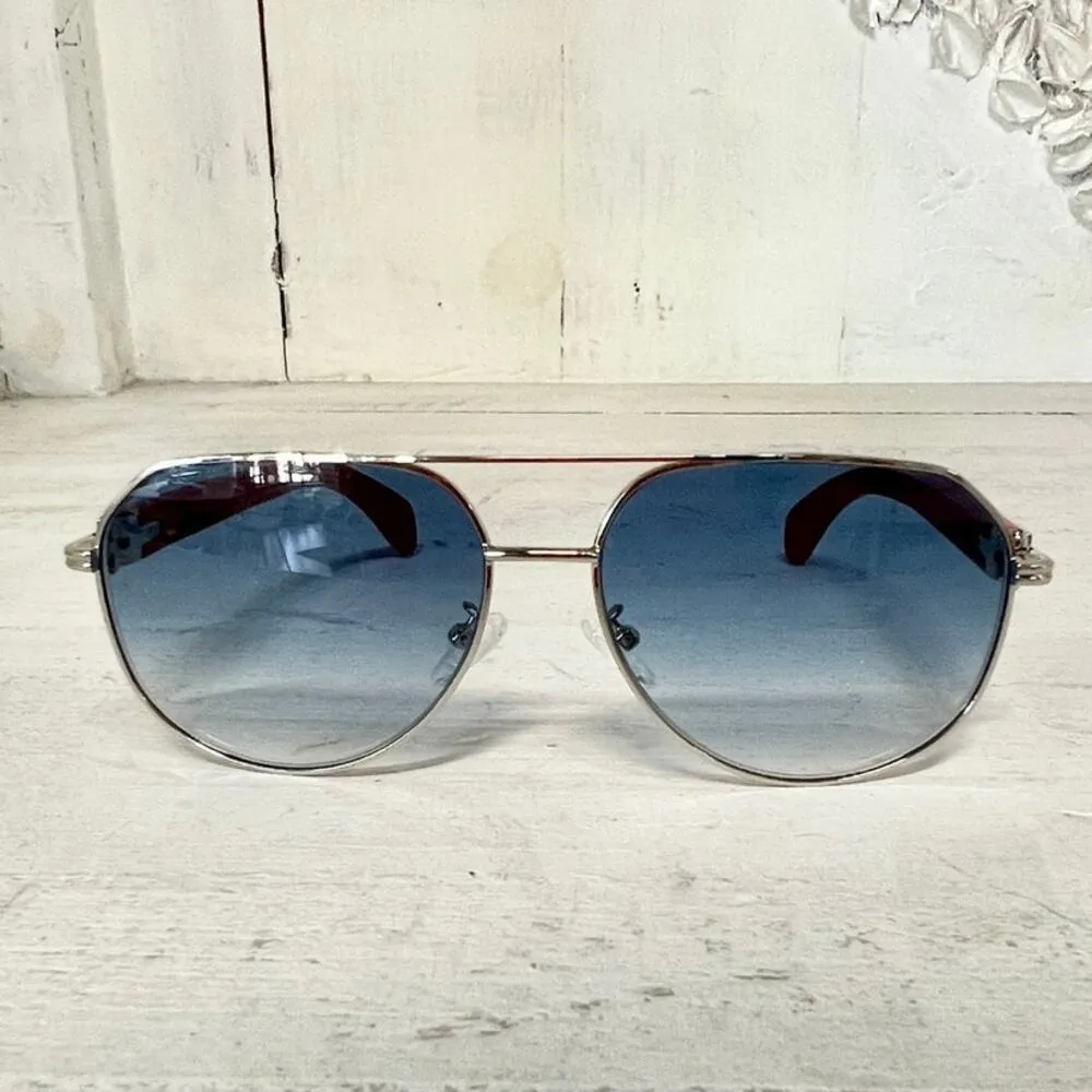 NWT Porta Romana Travel Collection Silver/Red Frame Blue Lens Aviator Sunglasses Silver - Image 3