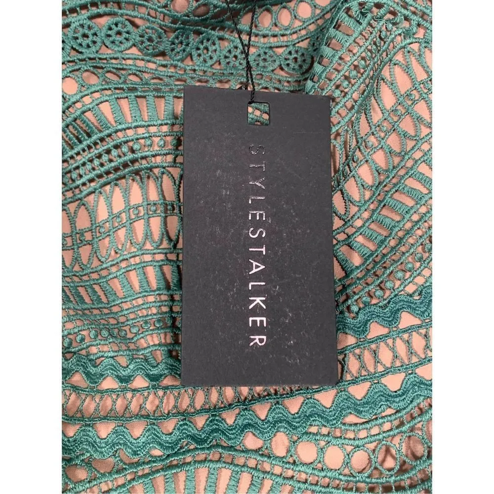 NEW Stylestalker Alexander Crochet Teal Green Off Shoulder Mini Dress in Jade M - Image 5