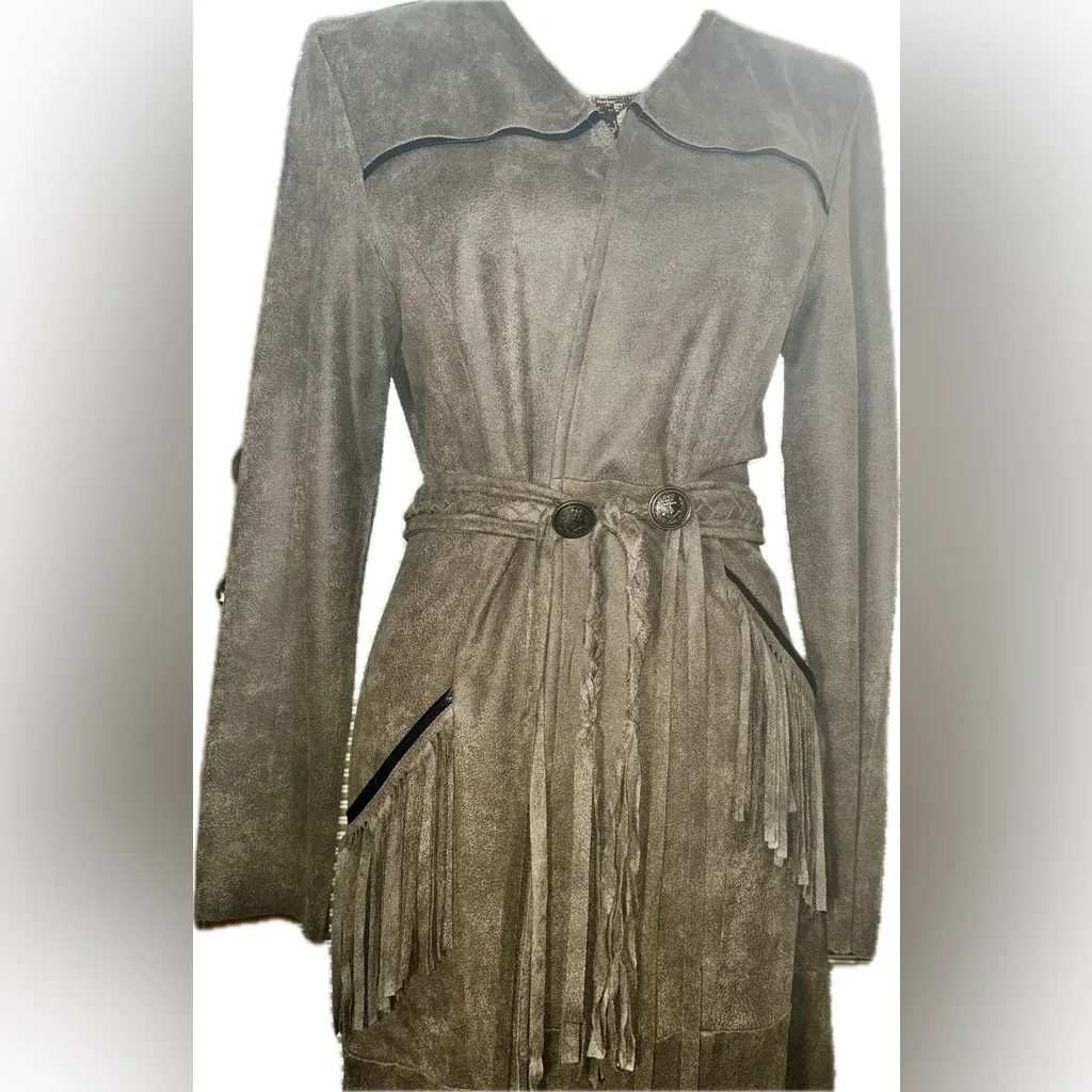 Vocal USA Western Cowgirl Fringe Tassel Belted Faux Suede Long Jacket Duster M - Image 2