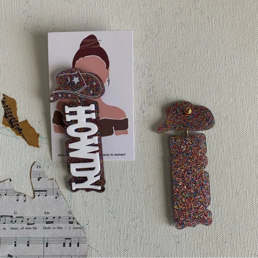 Disco Cowgirl Howdy Multicolor Glitter Charm Drop Festival Statement Earrings - Image 6