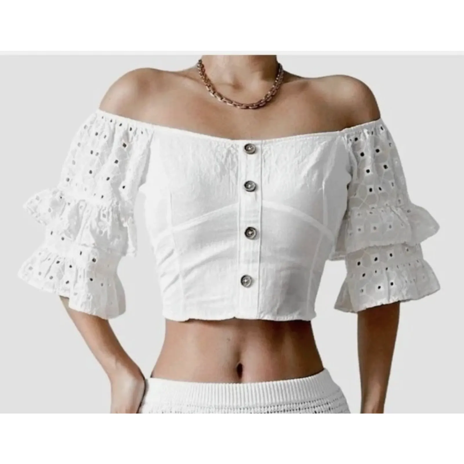 Zara Shirt Womens Large White Off Shoulder‎ Eyelet Ruffle Sleeve Button Crop Top - Image 3