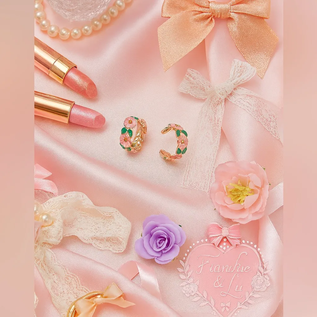 Pink Floral Enamel Gold Mini Hoop Earrings Vintage Style Feminine Jewelry NWT - Image 2