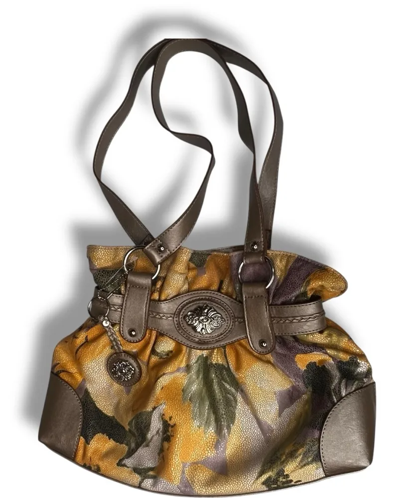 Vintage Floral Shoulder Tote Bag Purse Gray & Gold Extra Large Y2K Yellow - Image 1