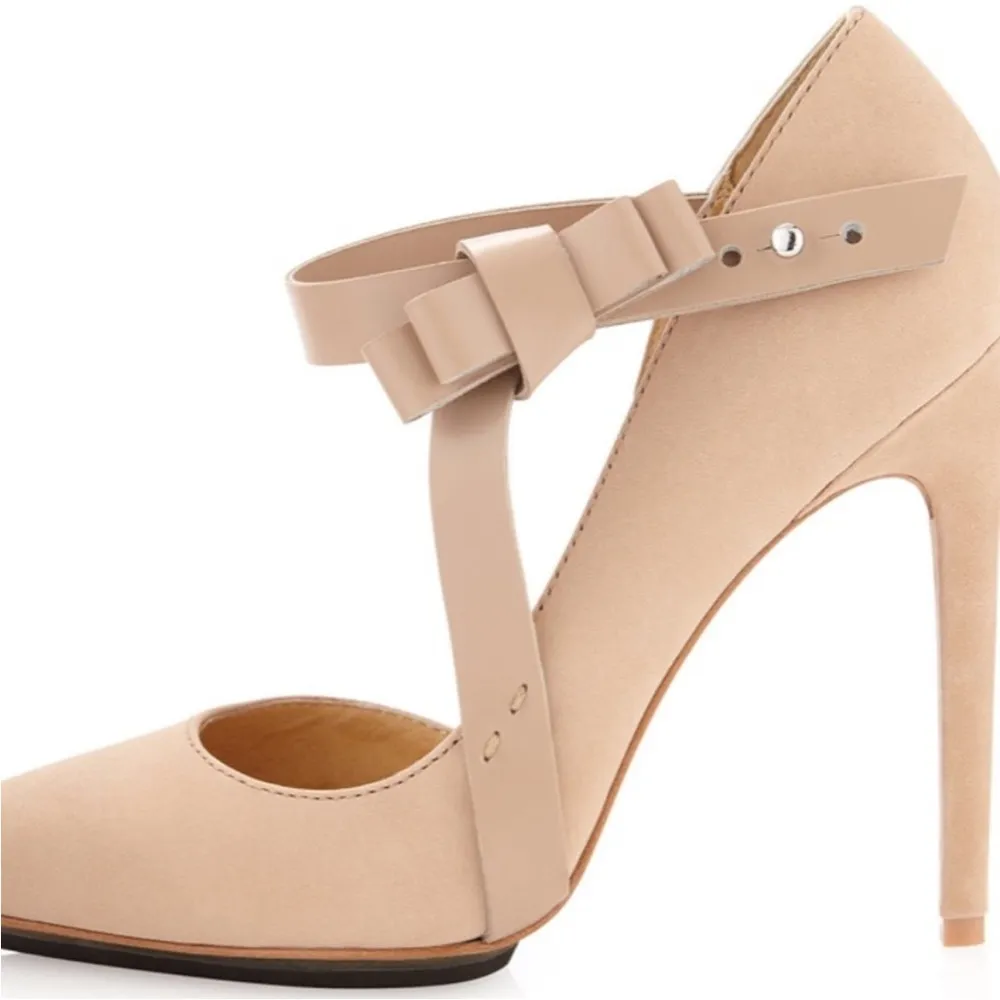 L.A.M.B Bow strap suede leather Beige heeled pump with dust bag - Image 4
