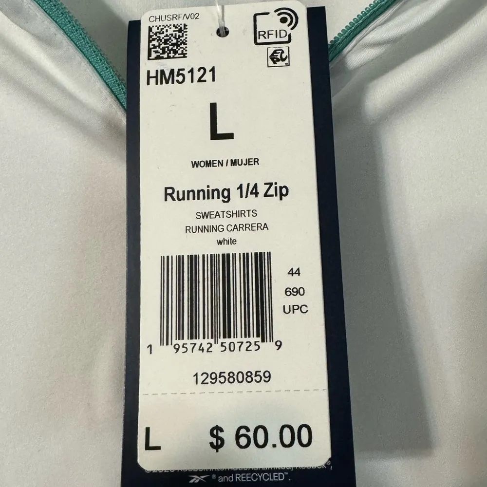 Reebok Running Carrera 1/4 Zip Speedwick L/S top White/Teal Size L NWT - Image 14