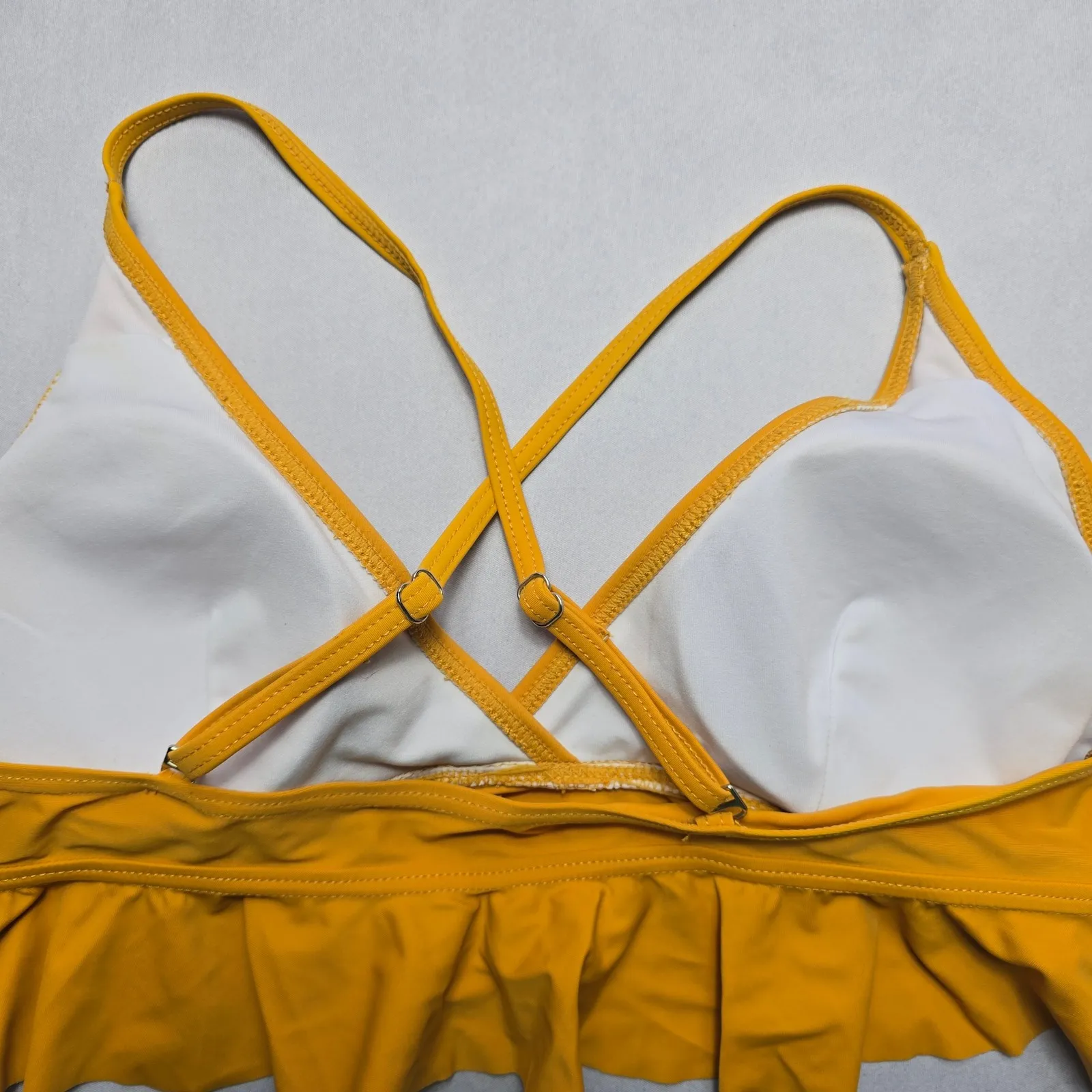 Yellow Ruffle Padded Pull On Crisscross Swim Sports Bra Beach Bikini Top L Large - Image 4