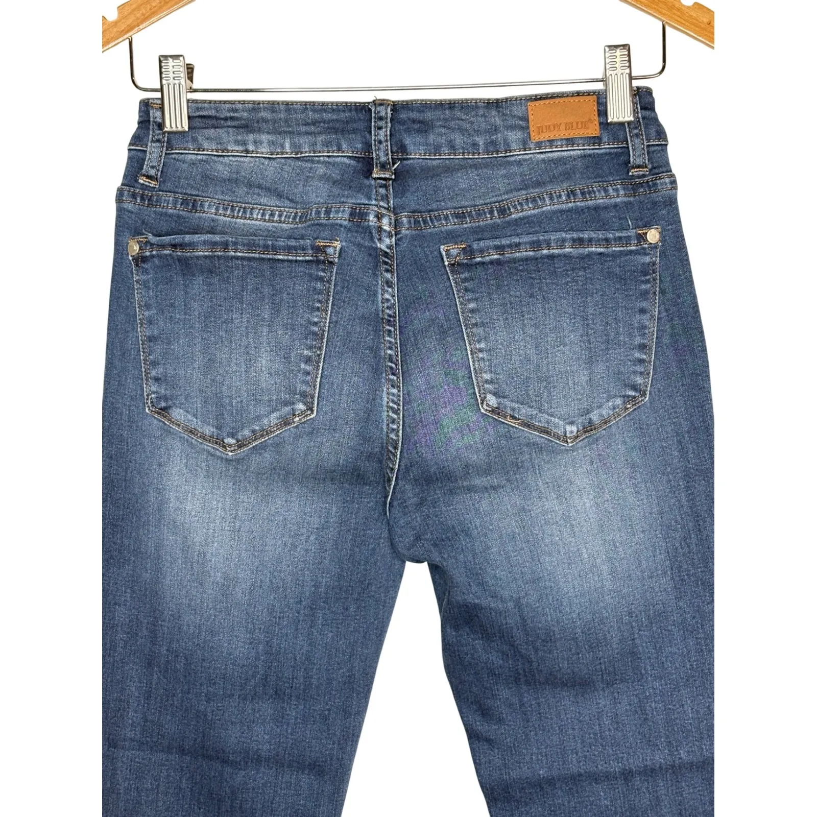 Judy Blue Crop Flare Fit Jeans Distressed Frayed Hem Blue Denim Size 5 (27) - Image 9