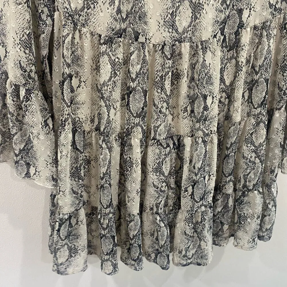 Altar'd State Snakeskin Tiered Mini Dress Bell Sleeve Boho Gypsy Babydoll Sz XS - Image 6