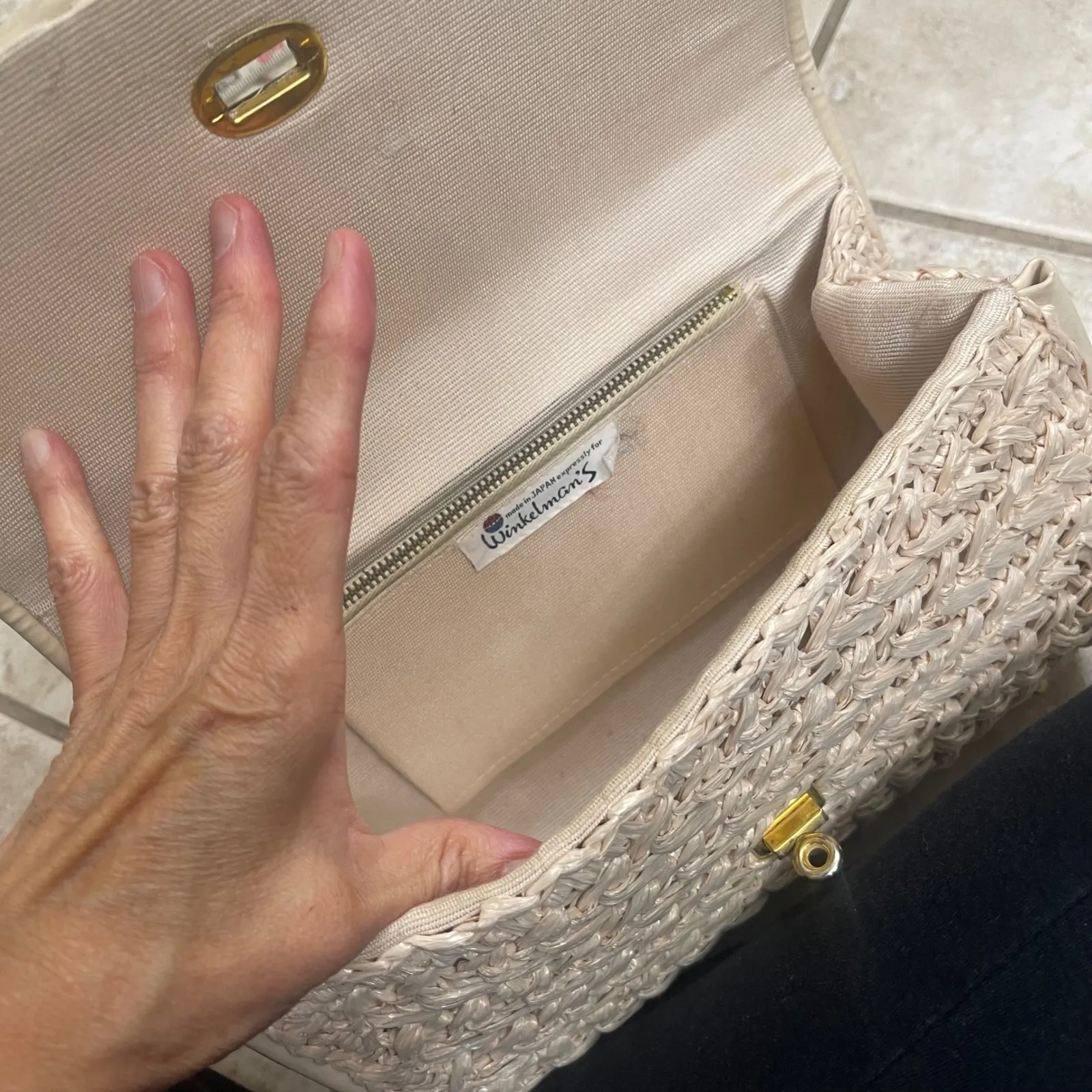 Winkelman's Straw Woven Clutch Bag Gold Chain Strap Purse Vintage Japan EUC Tan - Image 5