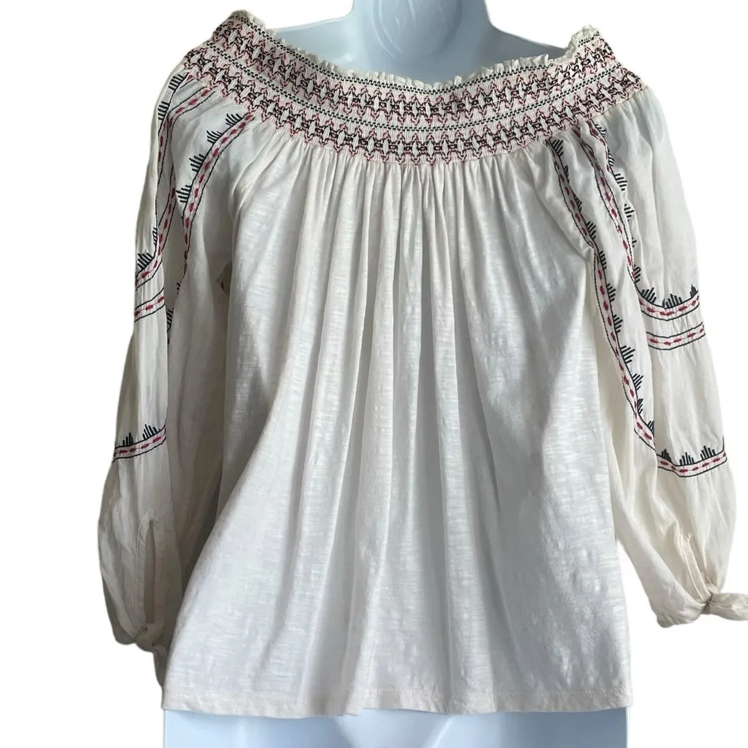 Vintage America Blues Women Top S Ivory 3/4 Sleeve Embroidered‎ Boho Festival - Image 3