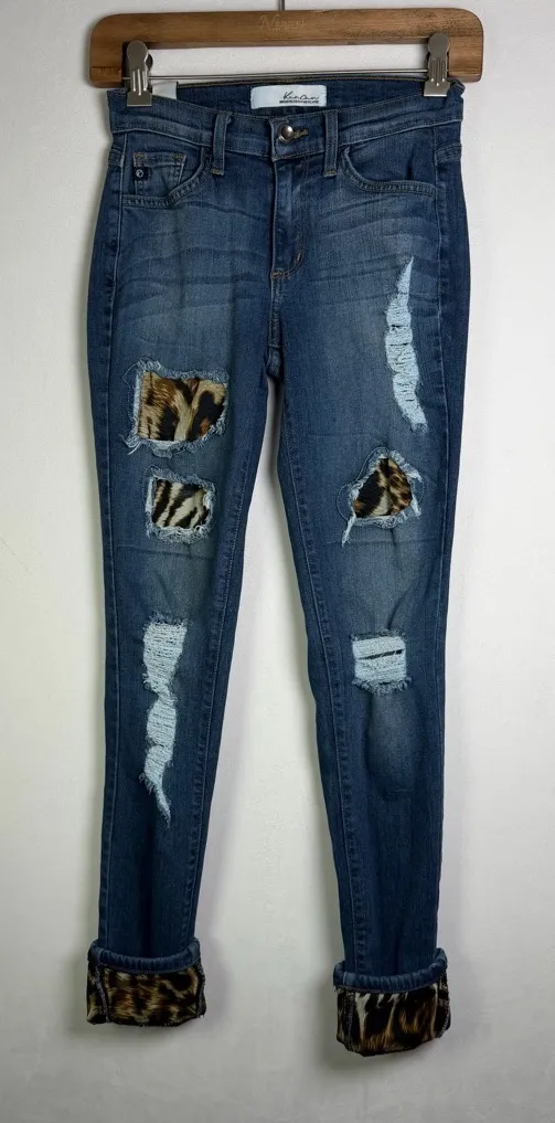 Kancan Women’s Leopard Patch Distressed Skinny Y2K Jeans Size 24” Made USA Blue - Image 1
