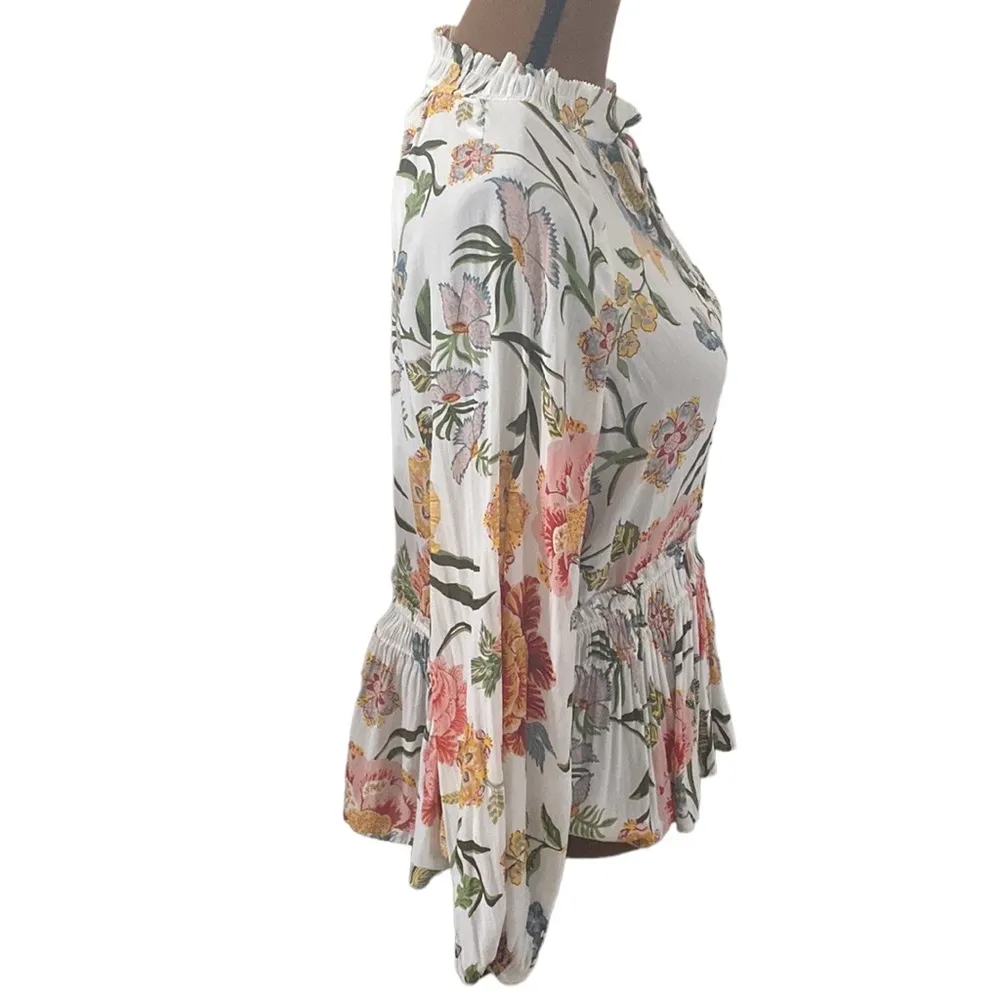 Loft floral high smocked neckline ruffled peplum blouse with front tie size S - Image 3