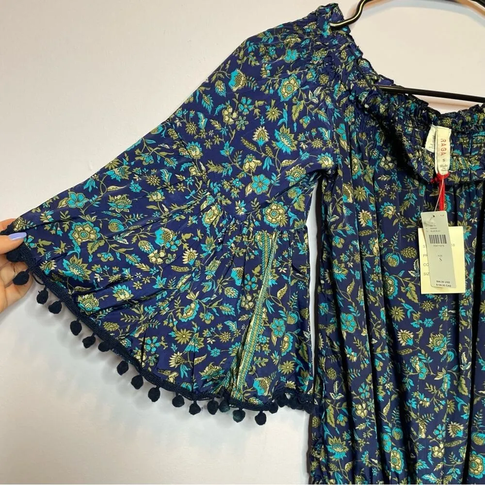 NEW Anthropologie Raga Kassie Pom Pom Romper Blue Floral Womens Size Small - Image 4