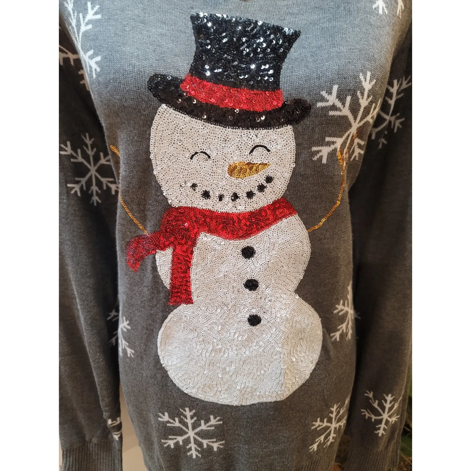 Tipsy Elves Christmas Sweater Women's Large Gray Snowman Long Sleeve Pullover - Image 12