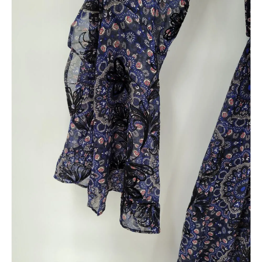 Blue Rain Womens Dress Small Blue Floral Velvet Detail V-neck Ruffle Bell Sleeve - Image 6