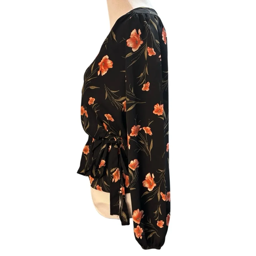 Sienna Sky Floral Faux Wrap Blouse Black Orange Peplum Long Sleeve Top Size XS - Image 4