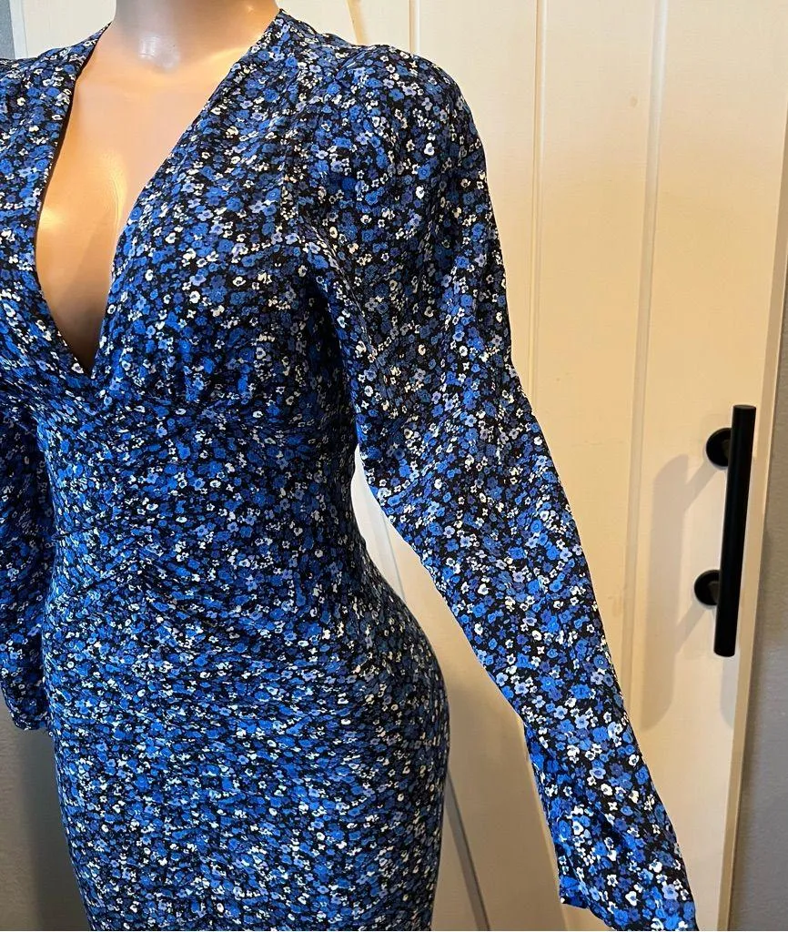 Zara XS pencil blue floral dress front slit ruched midi maxi - Image 6