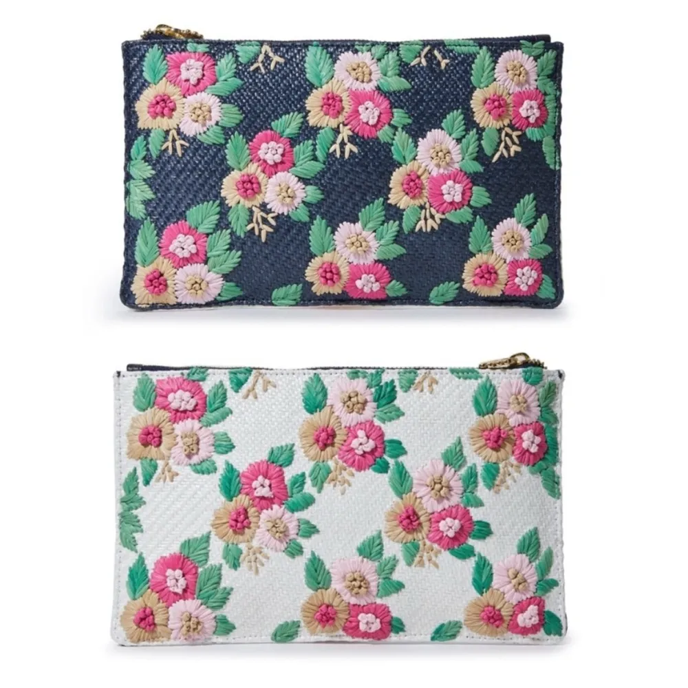 LELE SADOUGHI Midnight Bouquet Floral Straw Embroidery Large Pouch Clutch Purse - Image 2