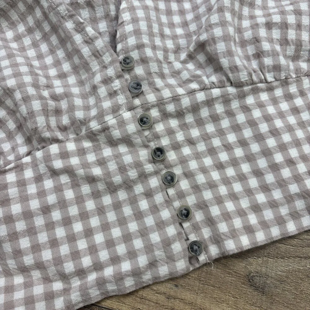 Urban Outfitters Gingham Check Crop Top Womens XS V-Neck Tan White - Image 2