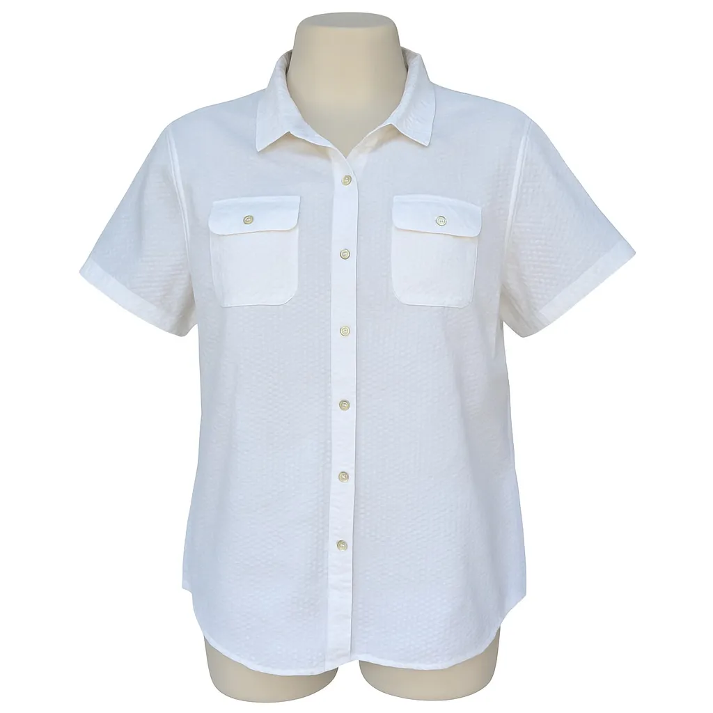 Eddie Bauer Ivory OffWhiteSeersucker Short Sleeve Button-Up Shirt Size XXL EUC - Image 3