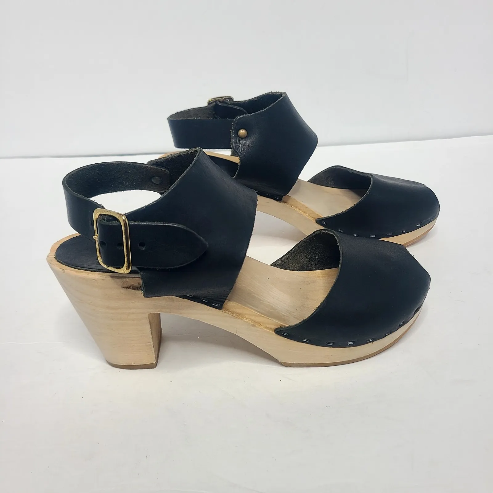 BRYR Clogs Size 38 Black Miranda Wooden Clog Sandals Leather Peep Toe Womens‎ - Image 2
