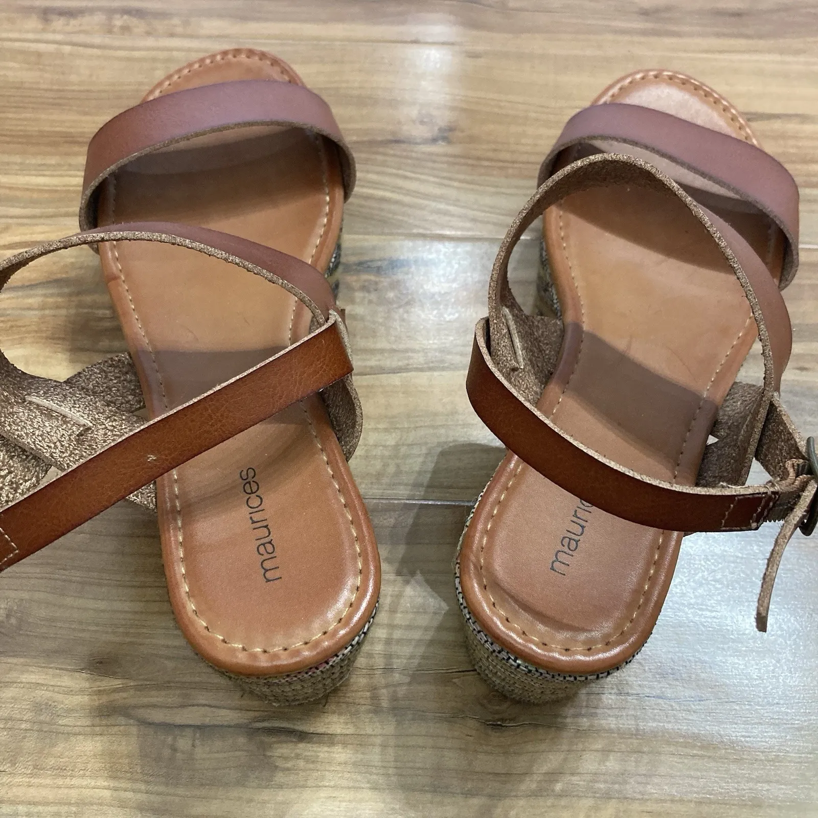 Maurices Sandals Womens Sz 11 Brown‎ Double Strap Slingback 3" Wedge Heels Honey - Image 6