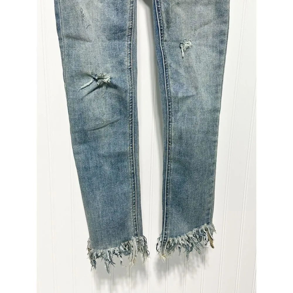 Free People Frayed Hem Distressed Mid Rise Skinny Jeans Blue‎ Stonewash Size 24 - Image 10