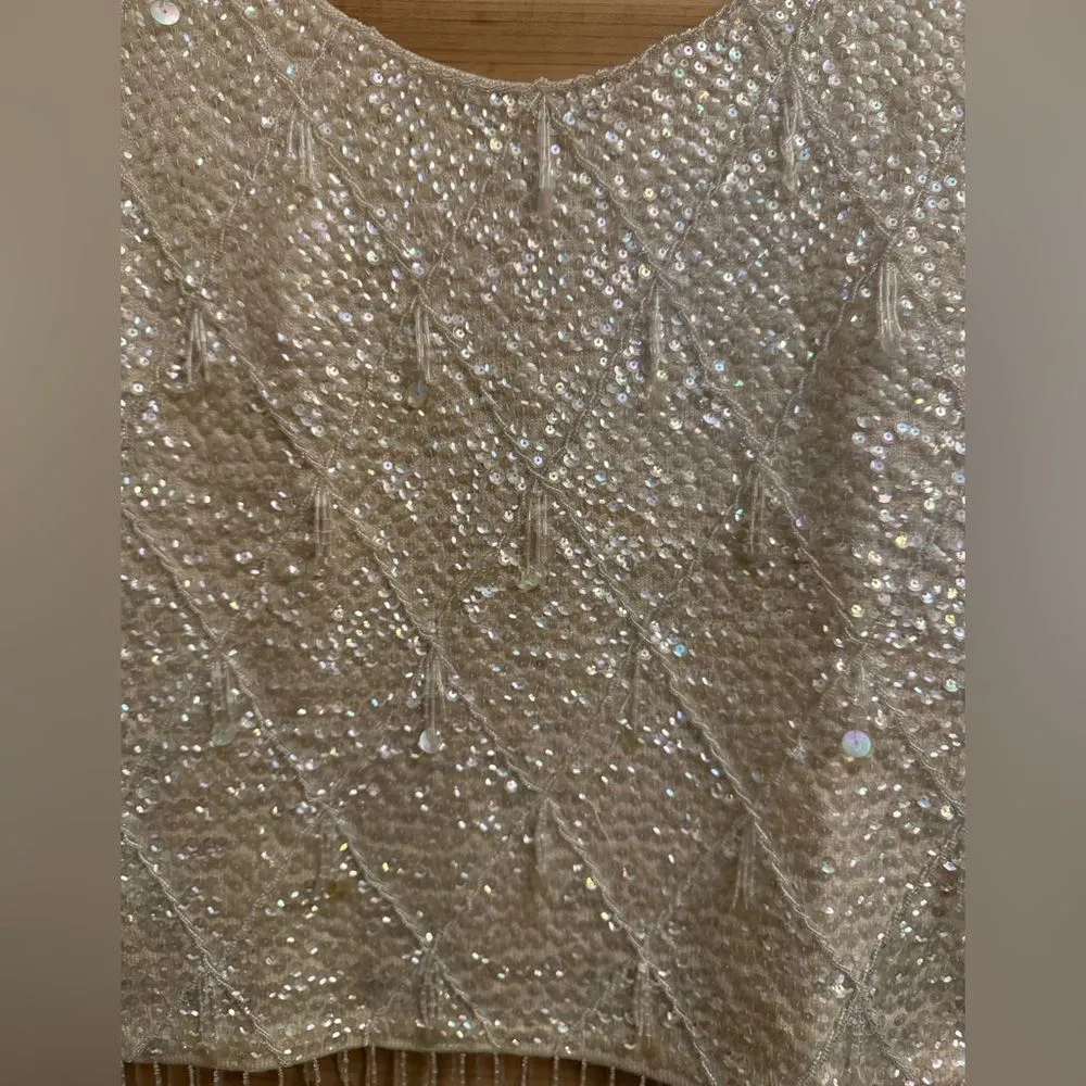 Vintage Fully Beaded Sequin Size Medium Lined Wool Cropped Tank Top Silver - Image 5