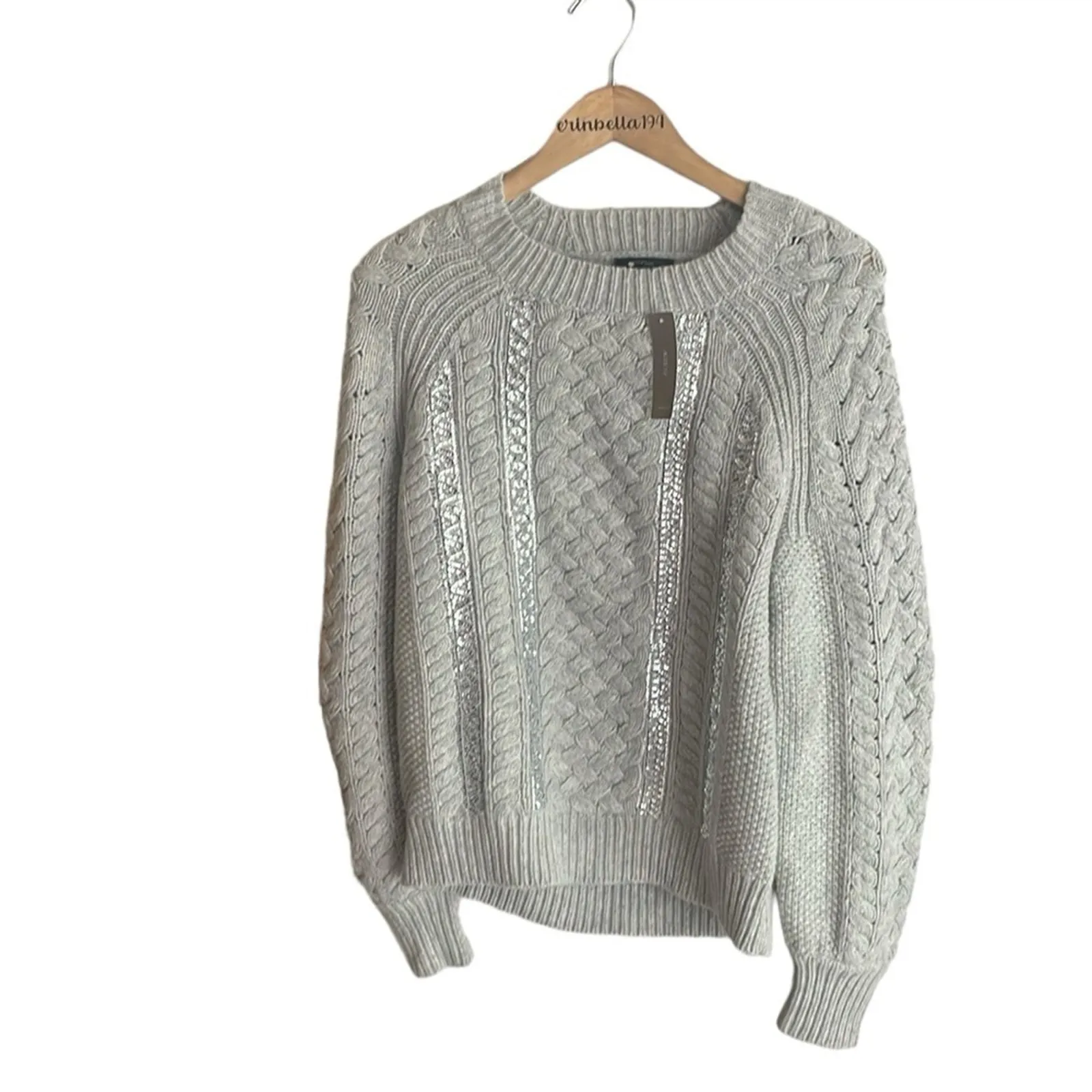 J.Crew Cable-knit Sequin Sweater Gray - Image 3